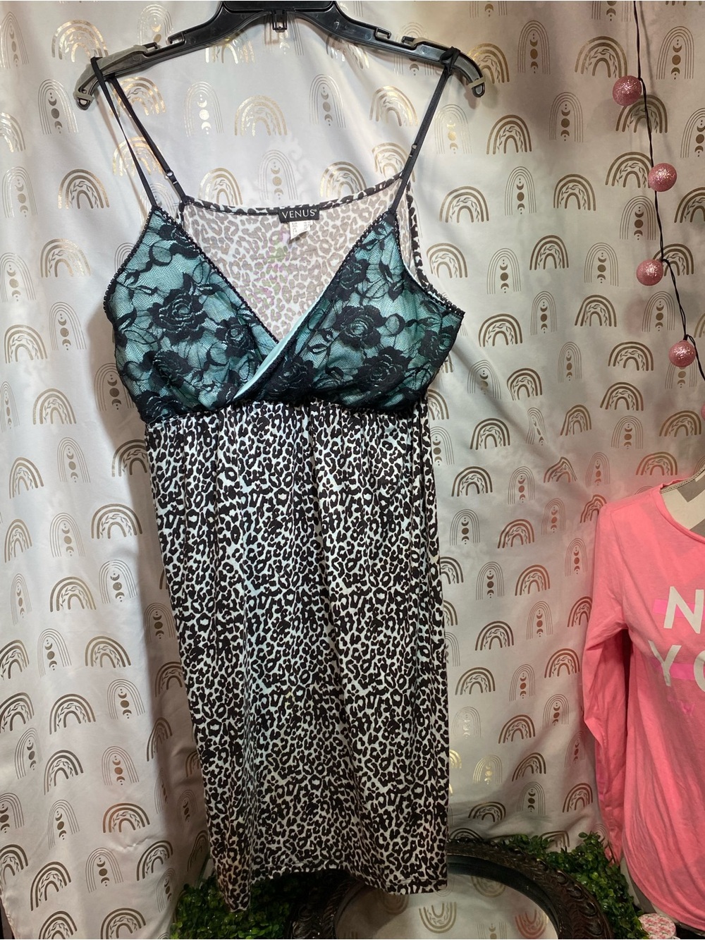 VENUS Teal Lace & Leopard-Print Slip Chemise